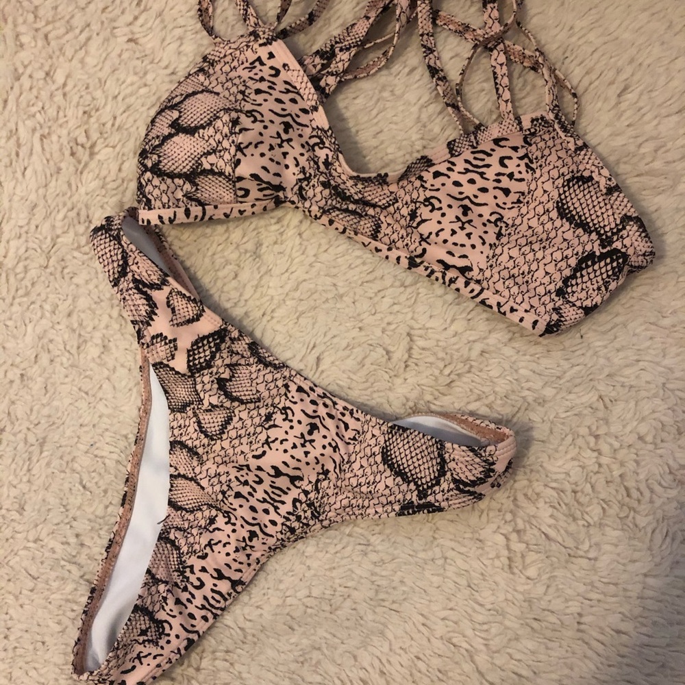 Strappy beige snake print bikini set